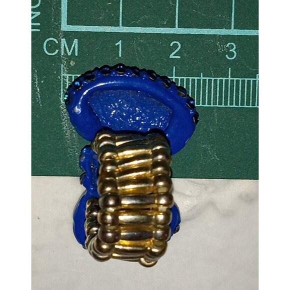 Vintage Cobalt Blue Bow Stretch Ring Enameled Rhinestone Encrusted Silver Tone - Picture 6 of 9